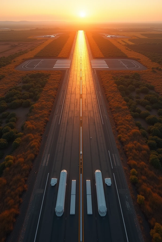 Multiple Sensor alongside the full airport Runway small in size sunset top drone view