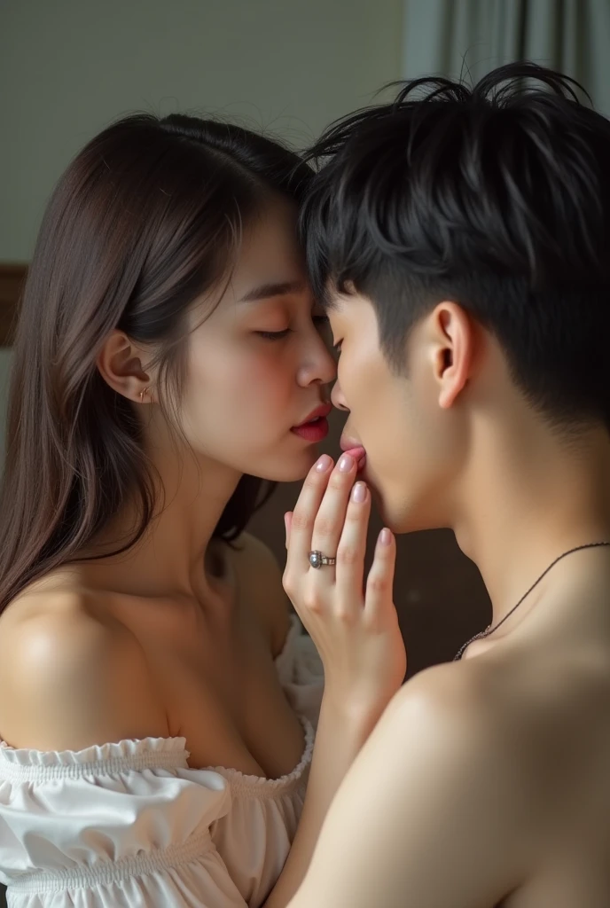 A beautiful Korean woman is having sex with a handsome Korean man while licking his penis