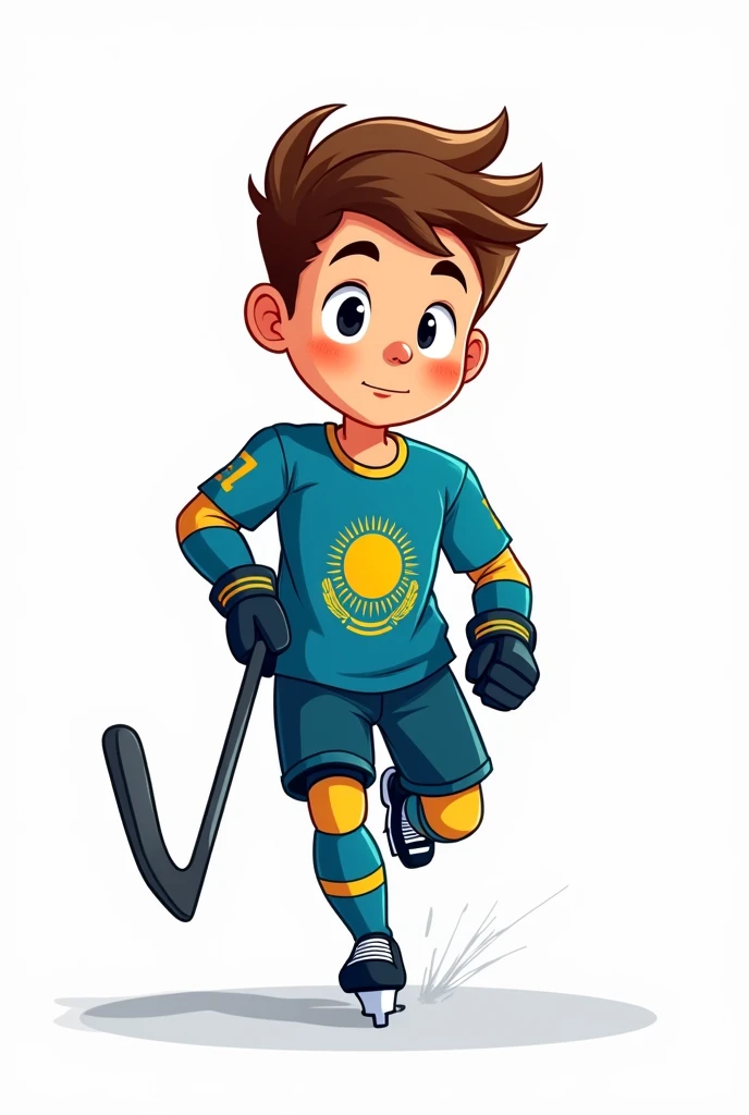 ((officially)) ((masterpiece)) ((Best quality)) ((detailed)) cartoon boy hockey player running with stick in uniform with emblem flag of Kazakhstan on white background