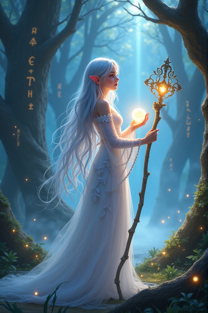 A young, ethereal fantasy girl standing in an enchanted forest. She has long, flowing silver hair that glimmers with a faint glow, cascading down her back. Her eyes are a deep, mystical shade of violet, with a soft, otherworldly light shining from within. She is dressed in a delicate, flowing gown made of shimmering, translucent fabric that seems to merge with the mist around her. The gown is adorned with intricate silver embroidery, resembling vines and flowers. She has delicate, pointed elf-like ears, and a faint halo of light surrounds her head. In one hand, she holds a staff made of twisted wood, with a glowing crystal at the top, and in the other, she holds a small orb of light. The background features towering, ancient trees with glowing runes carved into the bark, and soft beams of light filtering through the dense canopy. The atmosphere is serene and magical, with floating fireflies and a gentle mist rising from the forest floor."

