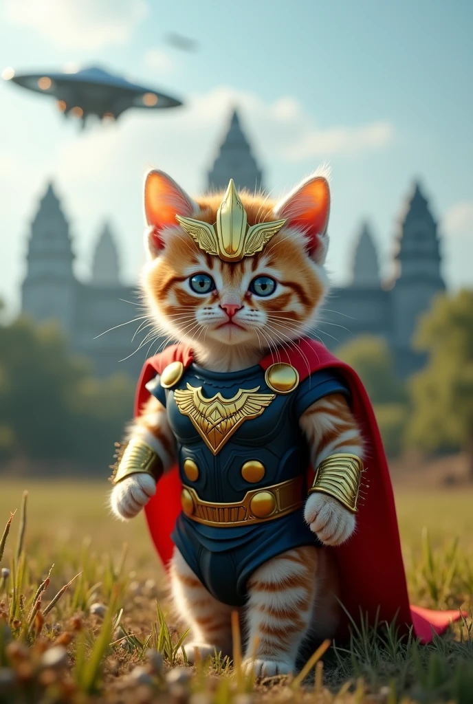 "Create a 4K, 8K ultra-detailed image of a kitten wearing a thor-like costume with a custom superhero design. Ensure the scene is realistic, with the background save country is attacks by alen and Save Angkorwath temple digital on Cambodai.