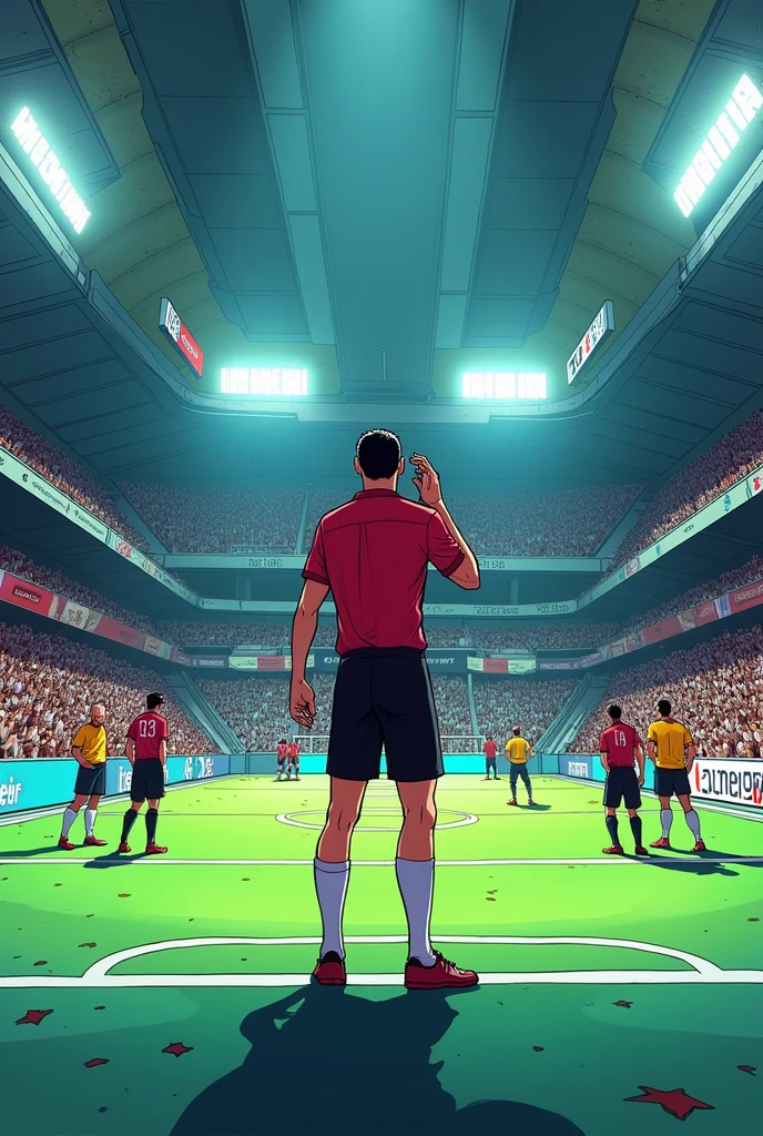 The referee blows the whistle to start the second half. COMIC FORMAT ON A FUTSAL FIELD