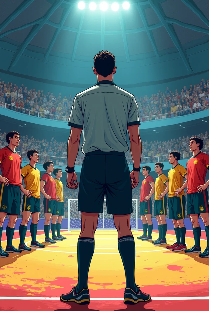 The referee blows the whistle to start the second half. COMIC FORMAT ON A FUTSAL FIELD