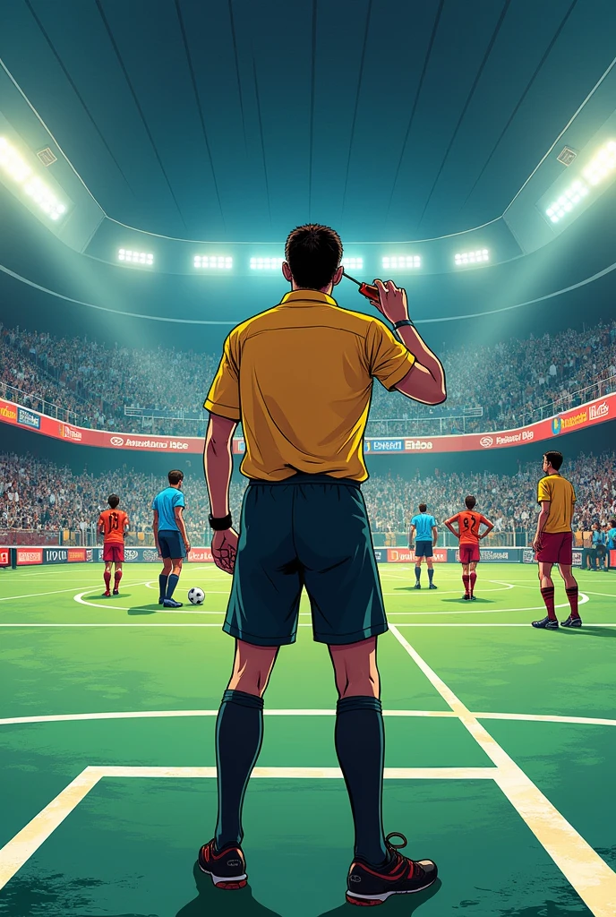 The referee blows the whistle to start the second half. COMIC FORMAT ON A FUTSAL FIELD