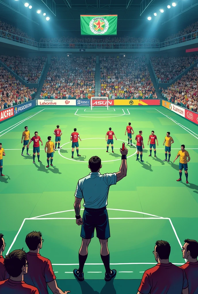 The referee blows the whistle to start the second half. COMIC FORMAT ON A FUTSAL FIELD
