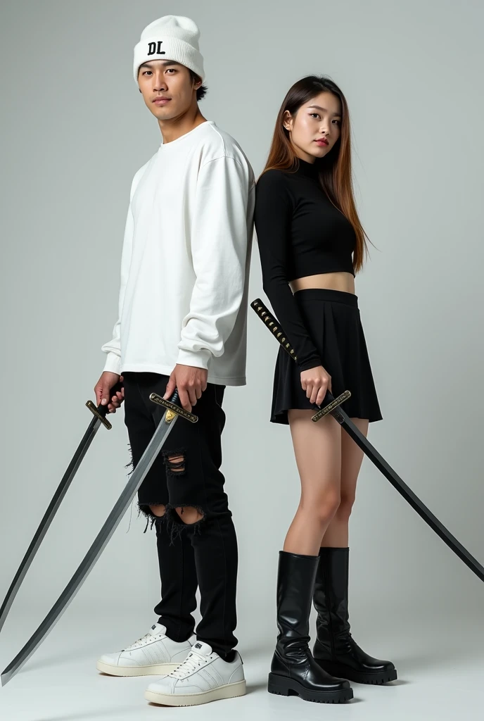 Featuring full HD high resolution images, a handsome man from korea, wearing a long-sleeved white shirt, black ripped jeans, nike brand white sneakers, and wear a white beanie hat with the DL logo, Hair is not visible, the man stands holding a samurai with a macho face looking at the camera, Beside the man stood a beautiful woman with long hair,wearing a short black shirt showing the navel,black skirt and black high boots and holding a samurai too, photo shoot studio background, realistic