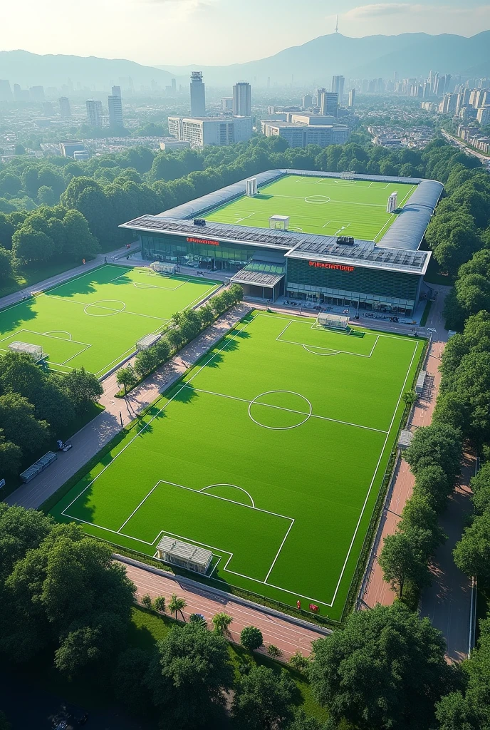 Three football fields are close to each other. It is near a sportswear shop. Please provide a horizontal image.