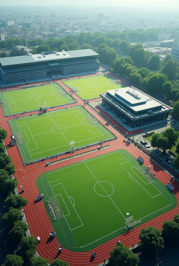 Three football fields are close to each other. It is near a sportswear shop. Please provide a horizontal image.