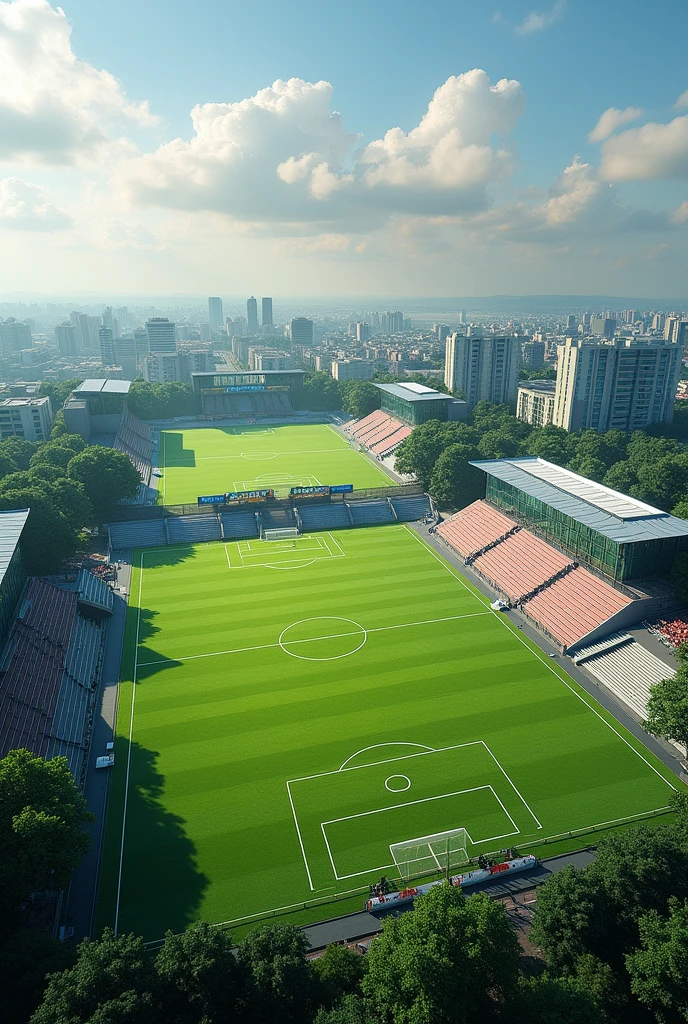 Three football fields are close to each other. It is near a sportswear shop. Please provide a horizontal image.