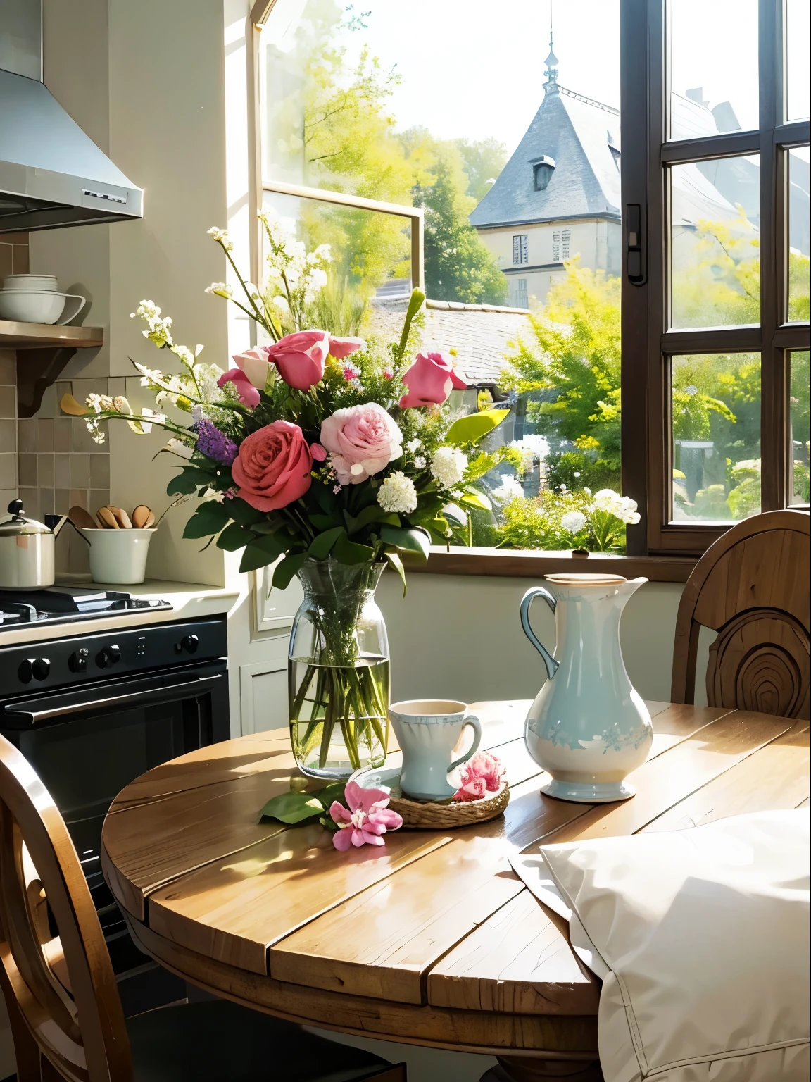 Table close-up,There is a vase of flowers on display, Comfortable environment, There is a French garden, Kitchen on a sunny day, french country decor, author:Bernard D'Andrea, Bright windows illuminate the kitchen, Architectural Digest, and Garden Magazine, House and garden, Architectural Digest photo, summer morning light, There are flowers and plants, (Floral watercolor:1.5)