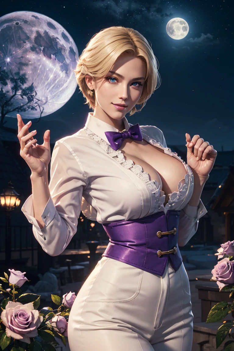 KOF,King of Fighters,King,Blue Eyes,Blonde Hair,Medium Hair,White long shirt,Purple vest,A bow tie,Beautiful white skin,Photorealistic,Ultra HD,high quality,masterpiece,Digital SLR,Detailed details,Intricate details,Anatomical basis,Depicted in detail,A detailed face,Realistic skin texture,Vivid details,Perfect Anatomy,Perfect Anatomy,Anatomically correct hand,Anatomically correct fingers,Super Detail,Complex 3D rendering,Sexy pose,Fantasy worldview,Beautiful Full Moon,,Beautiful night sky,Purple rose petals fluttering,Picturesque,Pink Lips,smile,