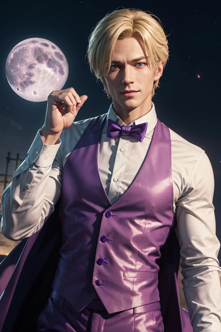 KOF,King of Fighters,King,Blue Eyes,Blonde Hair,Medium Hair,White long shirt,Purple vest,A bow tie,Beautiful white skin,Photorealistic,Ultra HD,high quality,masterpiece,Digital SLR,Detailed details,Intricate details,Anatomical basis,Depicted in detail,A detailed face,Realistic skin texture,Vivid details,Perfect Anatomy,Perfect Anatomy,Anatomically correct hand,Anatomically correct fingers,Super Detail,Complex 3D rendering,Sexy pose,Fantasy worldview,Beautiful Full Moon,,Beautiful night sky,Purple rose petals fluttering,Picturesque,Pink Lips,smile,