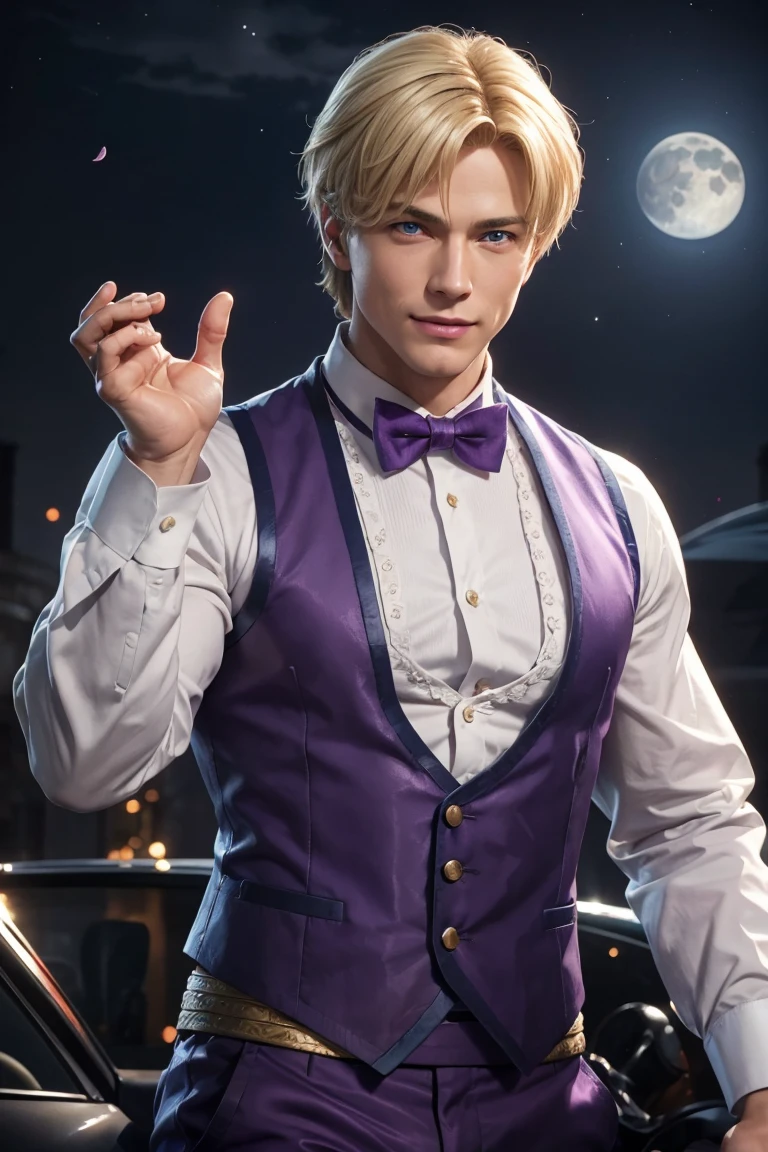 KOF,King of Fighters,King,Blue Eyes,Blonde Hair,Medium Hair,White long shirt,Purple vest,A bow tie,Beautiful white skin,Photorealistic,Ultra HD,high quality,masterpiece,Digital SLR,Detailed details,Intricate details,Anatomical basis,Depicted in detail,A detailed face,Realistic skin texture,Vivid details,Perfect Anatomy,Perfect Anatomy,Anatomically correct hand,Anatomically correct fingers,Super Detail,Complex 3D rendering,Sexy pose,Fantasy worldview,Beautiful Full Moon,,Beautiful night sky,Purple rose petals fluttering,Picturesque,Pink Lips,smile,