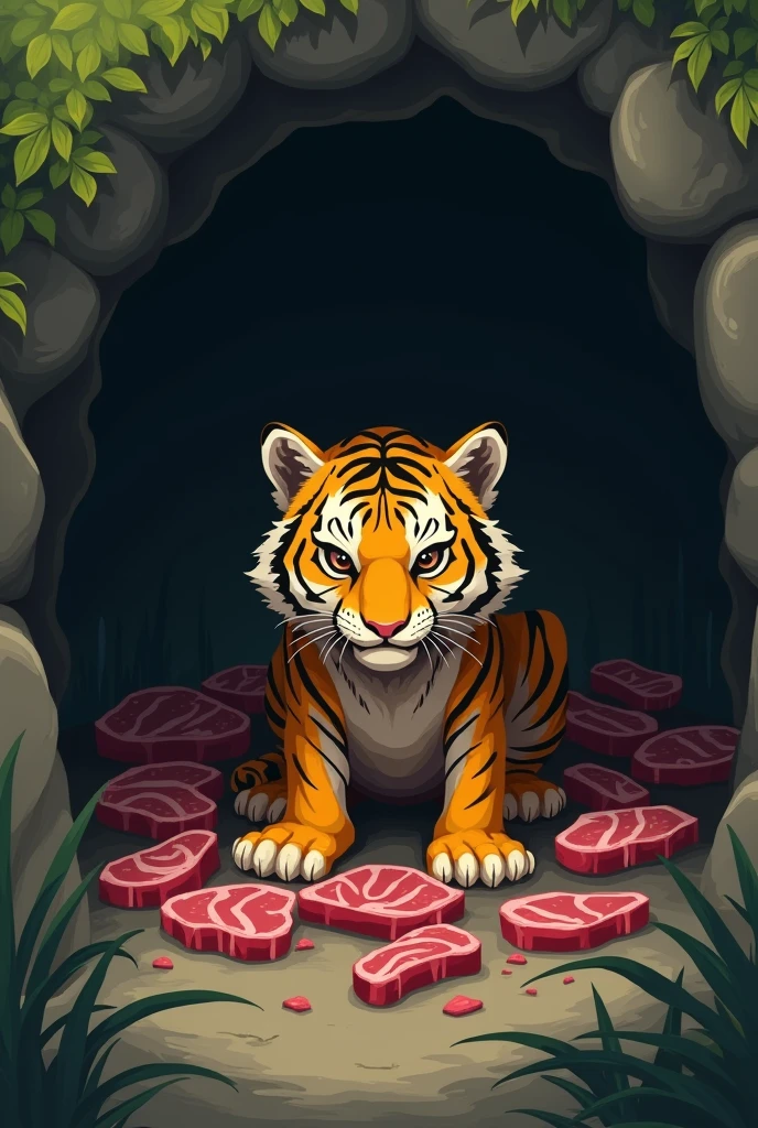 a malnourished and skinny yellow tiger, looking distressed, hoarding many meat slabs in a cave, cute and realistic style, forest background, adorable and realistic