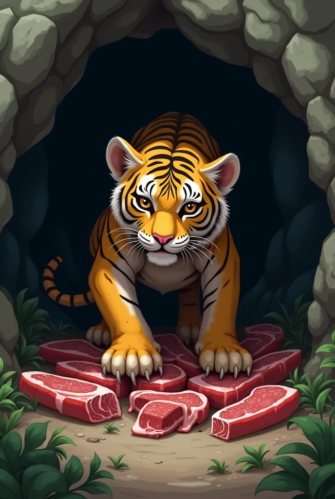 a malnourished and skinny yellow tiger, looking distressed, hoarding many meat slabs in a cave, cute and realistic style, forest background, adorable and realistic