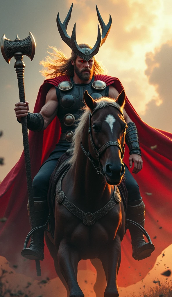 Thor  riding on angry hayana in muscular body red fire eyes in hand broken thor weapon realistic 