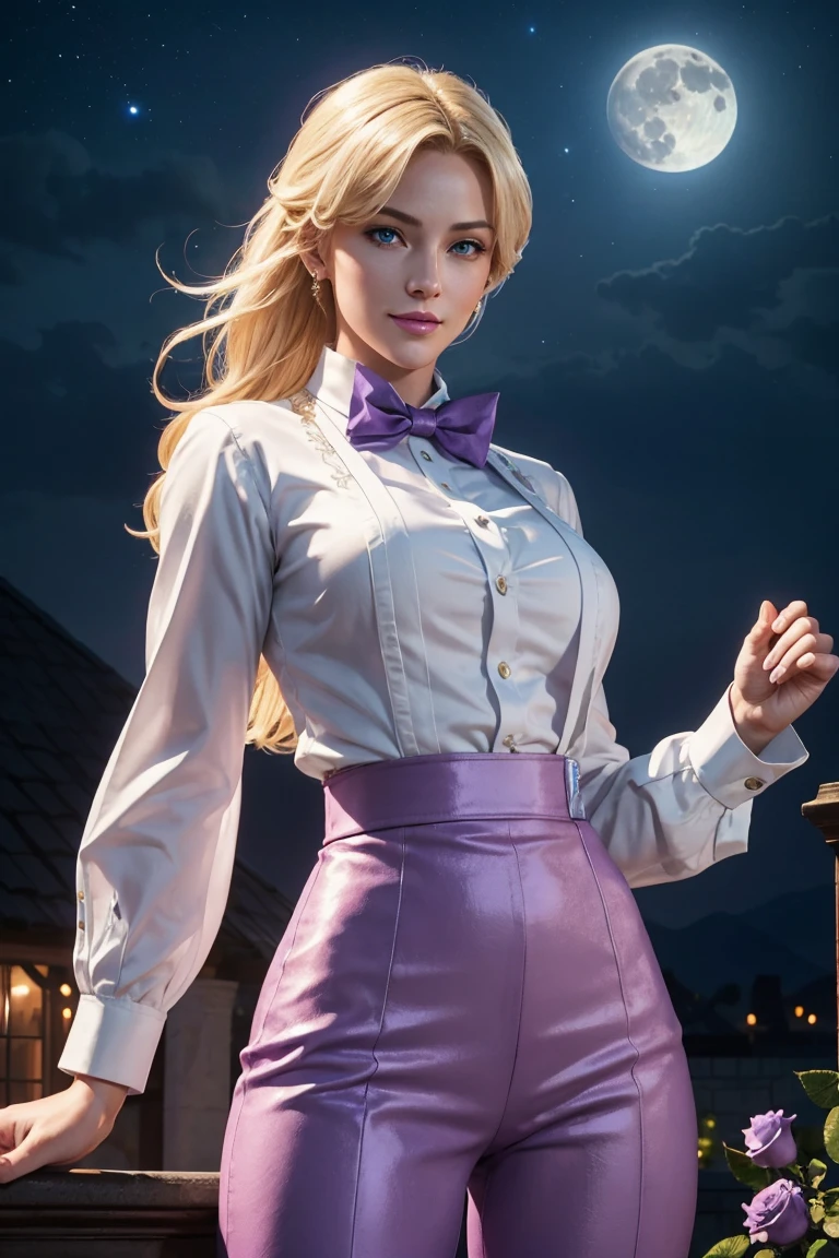 KOF,King of Fighters,King,Blue Eyes,Blonde Hair,Medium Hair,White long shirt,Purple vest,A bow tie,Beautiful white skin,Photorealistic,Ultra HD,high quality,masterpiece,Digital SLR,Detailed details,Intricate details,Anatomical basis,Depicted in detail,A detailed face,Realistic skin texture,Vivid details,Perfect Anatomy,Perfect Anatomy,Anatomically correct hand,Anatomically correct fingers,Super Detail,Complex 3D rendering,Sexy pose,Fantasy worldview,Beautiful Full Moon,,Beautiful night sky,Purple rose petals fluttering,Picturesque,Pink Lips,smile,