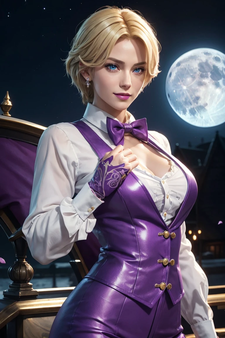 KOF,King of Fighters,King,Blue Eyes,Blonde Hair,Medium Hair,White long shirt,Purple vest,A bow tie,Beautiful white skin,Photorealistic,Ultra HD,high quality,masterpiece,Digital SLR,Detailed details,Intricate details,Anatomical basis,Depicted in detail,A detailed face,Realistic skin texture,Vivid details,Perfect Anatomy,Perfect Anatomy,Anatomically correct hand,Anatomically correct fingers,Super Detail,Complex 3D rendering,Sexy pose,Fantasy worldview,Beautiful Full Moon,,Beautiful night sky,Purple rose petals fluttering,Picturesque,Pink Lips,smile,