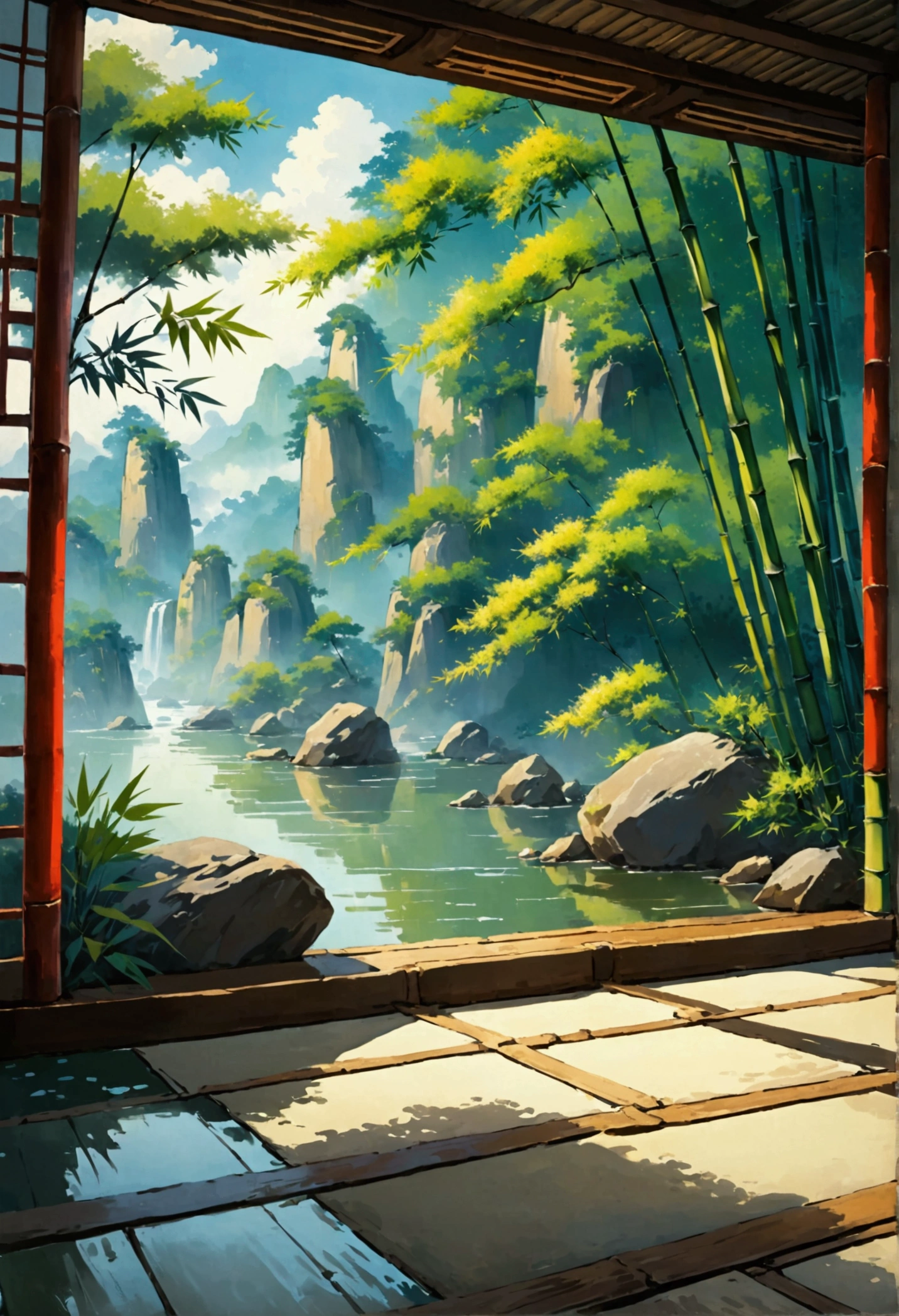 The scenery, Chinese style, bamboo, dreamy atmosphere, floor, On the rock