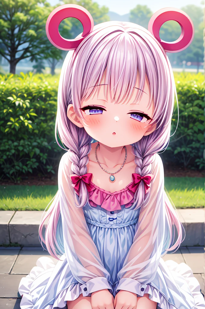 1girl, (Perfect Face), (((cute))), Drooping eyes, ((((Baby Face)))), (((((((female child))))))), ((())), White skin, gleaming skin, (closed eyes), twin Braids, ((pink hair)), earring, necklace, faint lips, Sticking out your lips, garden, detail perfect piece, ultra detailed, 16k, close up face, from about, anatomically correct, ((Best quality)), 