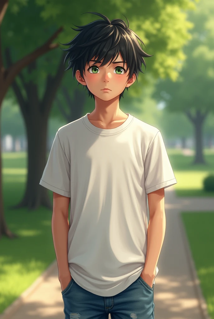 A teenage boy with green eyes and black hair, wearing a white t-shirt and jeans, is in the park. His expression is one of confusion.
