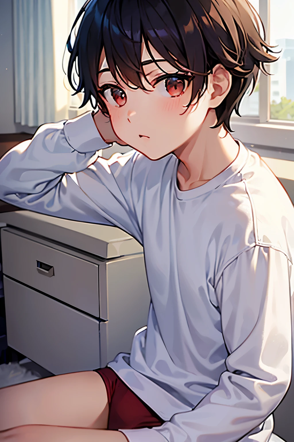 a boy sitting in a bedroom, wearing a white long sleeve shirt and light red underwear, viewed from the side,