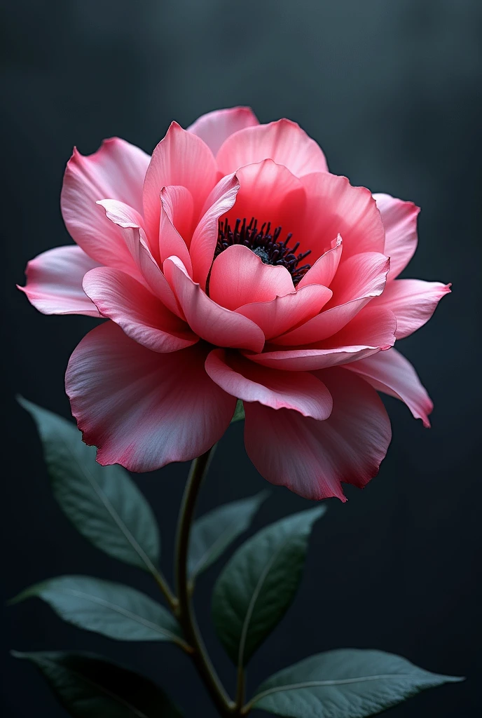 a flower in bloom. ((desire, fulfillment,pride,cruelty)),((pink,black,pale grey)),((deep wiew)),photographic,ultra high resolution,hyperdetailed, masterpiece, 3d modelling, digital art.