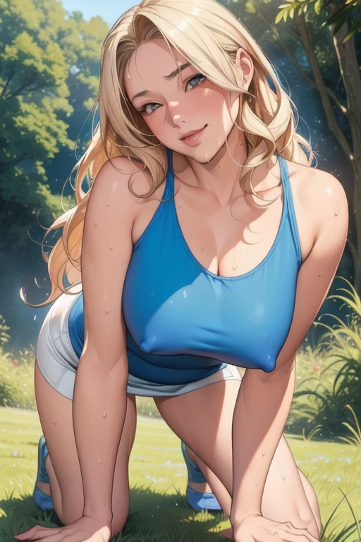 (masterpiece), (best quality), 1girl, (perfect face:1.2), (beautiful face:1.2), platinum blonde hair, Long hair, wavy at the ends.happy, light smile, looking at viewer, pose,
Best Picture, Masterpiece, 4K, High Quality, One AdulA woman is on all fours in a grassy meadow. A large dog is holding her back. Silk underwear. A complete body. Perfect hands and legs. Beautiful body, beautiful legs. Beautiful hands. Perfect body, perfect legs. Perfect hands. Cowboy shot
Woman's sweaty, wet, scantily clad, visible breasts and erect nipples. Sweat is soaking through.
The woman blushes and smiles mischievously.
One cool, mature woman and one big dog. Tank top, hot pants.
One cool adult woman
She is crawling on all fours in a wooded, overgrown area. A big dog is hugging her back.
(A very short skirt).