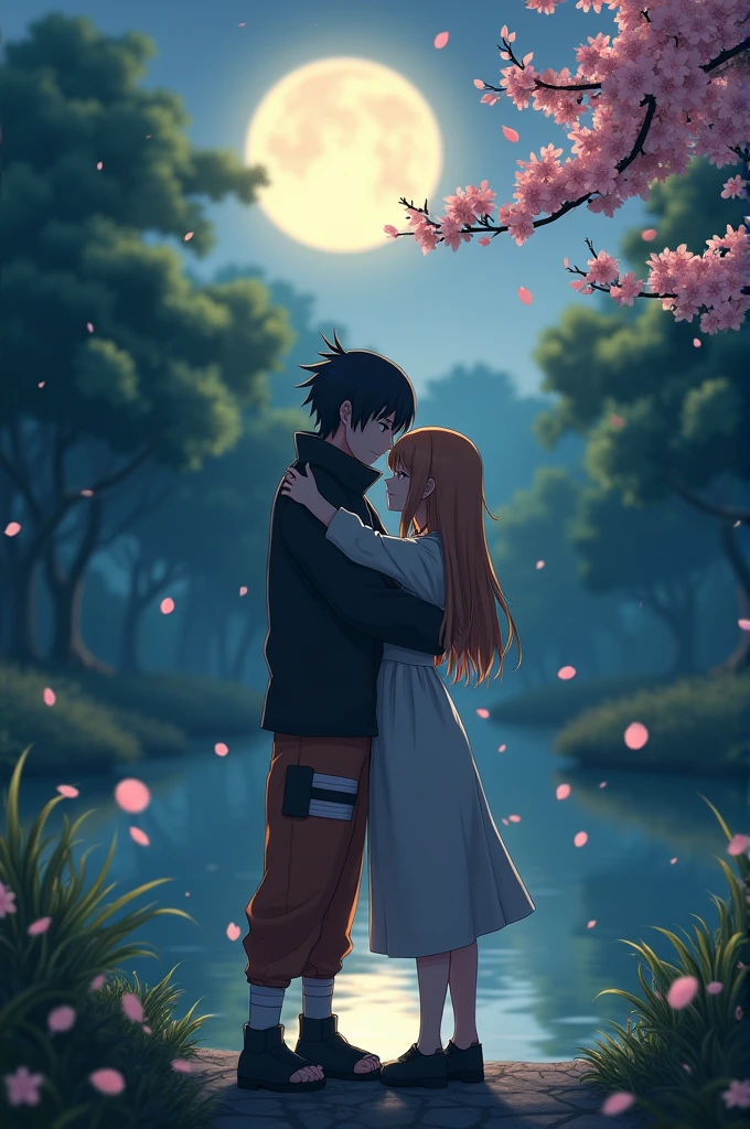 Create Naruto And Hinata Hugging each other during full moon night with aesthetic nature.