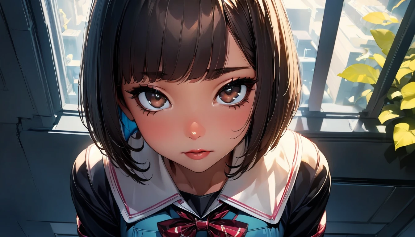 ((highest quality:1.2, Very detailed, up to date, Vibrant, Ultra-high resolution, High Contrast, masterpiece:1.2, highest quality, Best aesthetics), (super wide angle:1), Portraiture、girl、solo, (25-years-old:1), slim, brown eye, Bright colors、Beautiful fine details、Beautiful lip detail、extra short hair, ((bob cut:1.5))、black hair, (highlights hair: 1.6), (medium breast:0.7), (tan skin:0.5), glasses, school uniform, studyind, sitting at the study desk, bright room, looking up viewer:1, from diagonally above view, (look like asking for help:1),furrowed brow:1, full body