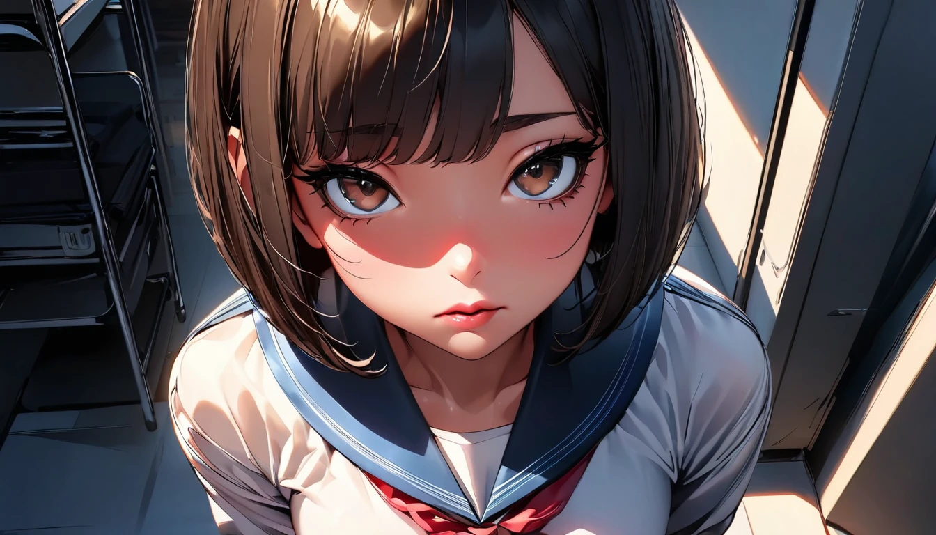 ((highest quality:1.2, Very detailed, up to date, Vibrant, Ultra-high resolution, High Contrast, masterpiece:1.2, highest quality, Best aesthetics), (super wide angle:1), Portraiture、girl、solo, (25-years-old:1), slim, brown eye, Bright colors、Beautiful fine details、Beautiful lip detail、extra short hair, ((bob cut:1.5))、black hair, (highlights hair: 1.6), (medium breast:0.7), (tan skin:0.5), glasses, school uniform, studyind, sitting at the study desk, bright room, looking up viewer:1, from diagonally above view, (look like asking for help:1),furrowed brow:1, full body

