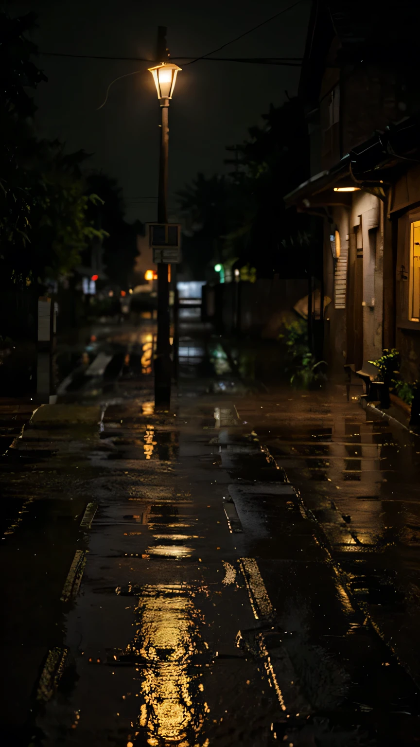 Heavy rain and the light of village roadside lamps at night