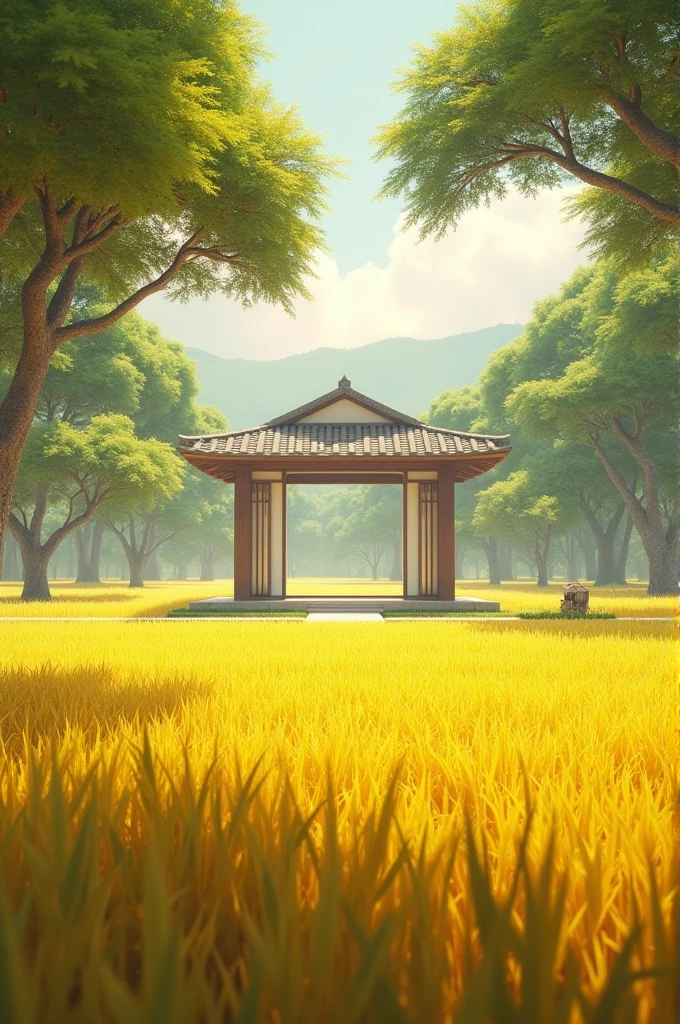 A picture of the interior of the pavilion in the middle of the rice field, which is yellow. 
