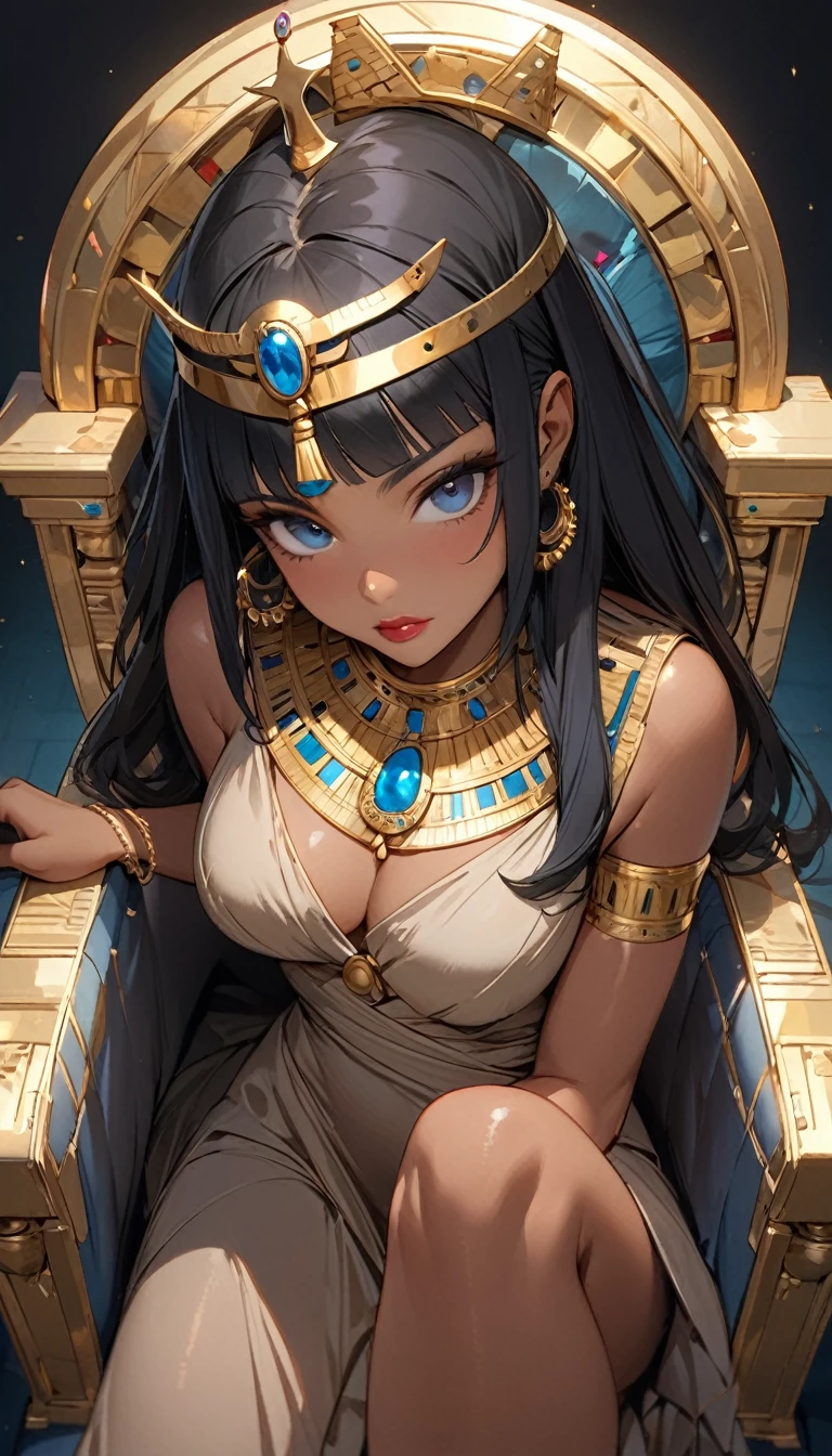 ((best quality)), ((masterpiece)), (Detailed face and eyes), Perfect face, precise, Textured Skin, High Detail, high resolution, Cleopatra, Queen, Wearing a silk dress, Gemstone crown, Lipstick, , Tanned skin, Bronze skin, Sit on the bedroom bed, Half Body