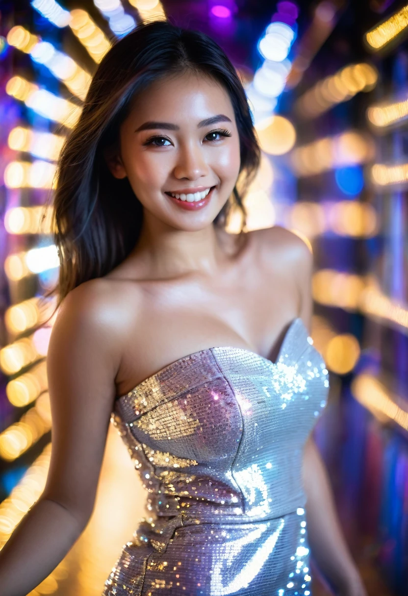 Portraits with a slow shutter speed Picture of a young Thai woman wearing a strapless dress Shiny surface reflects light Having fun in the glittering nightclub Slightly shaky image, background movement, bokeh lights trail, light reflecting into the front of the lens.