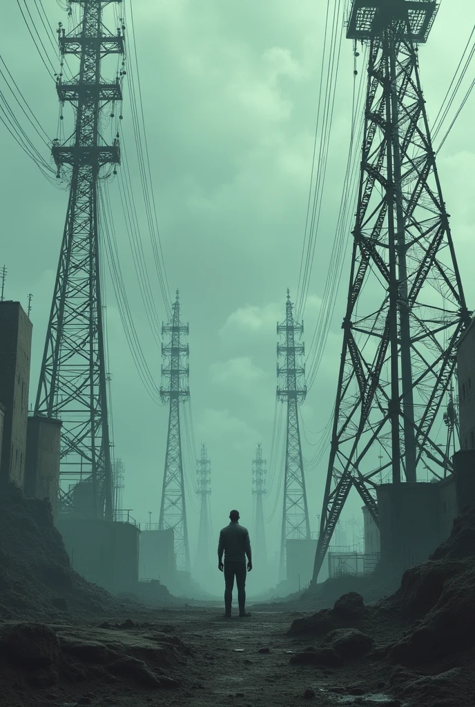 Network towers clearly visible capatire with sky low signal worker is so ereted
