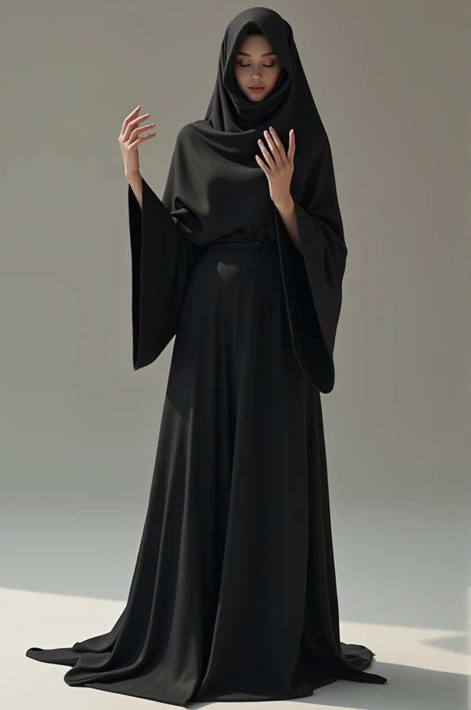 A girl wearing a burkha is standing in a sexy pose with her hands raised