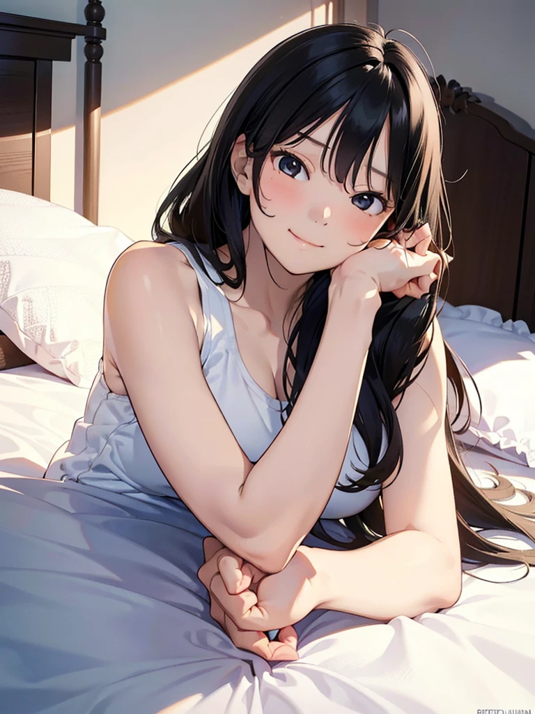 masterpiece, High resolution, High resolution, High resolution, Girl, cute, adorable, smiling, straight hair, long hair, black hair, morning, sunny, looking at the camera, bedroom, sunlight, tank top pajamas, (Resting chin:1.8) (on both hands:1.5), lying on bed, on stomach, on belly, (put stomach on bed:1.3)