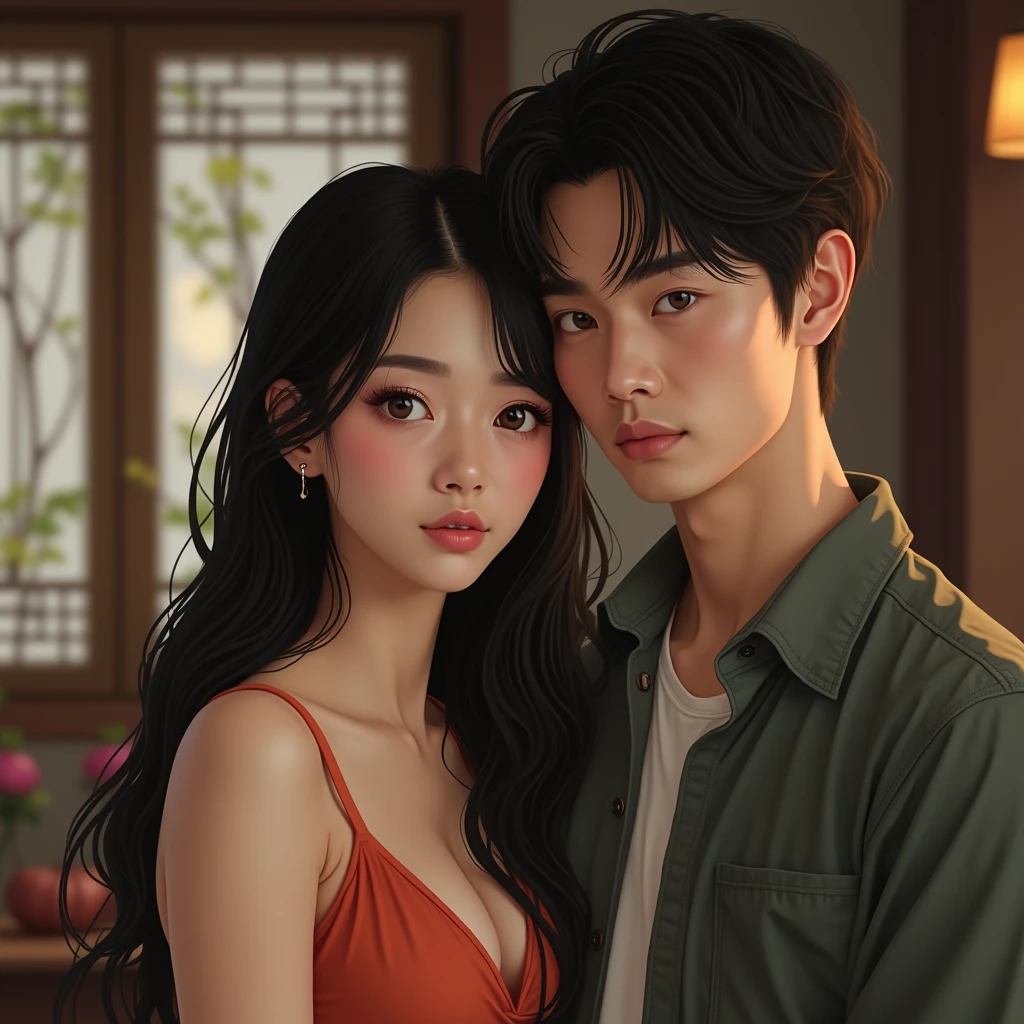 Young couple The woman has long black hair and large breasts.。. The man is handsome Genuine Asia realism indoor