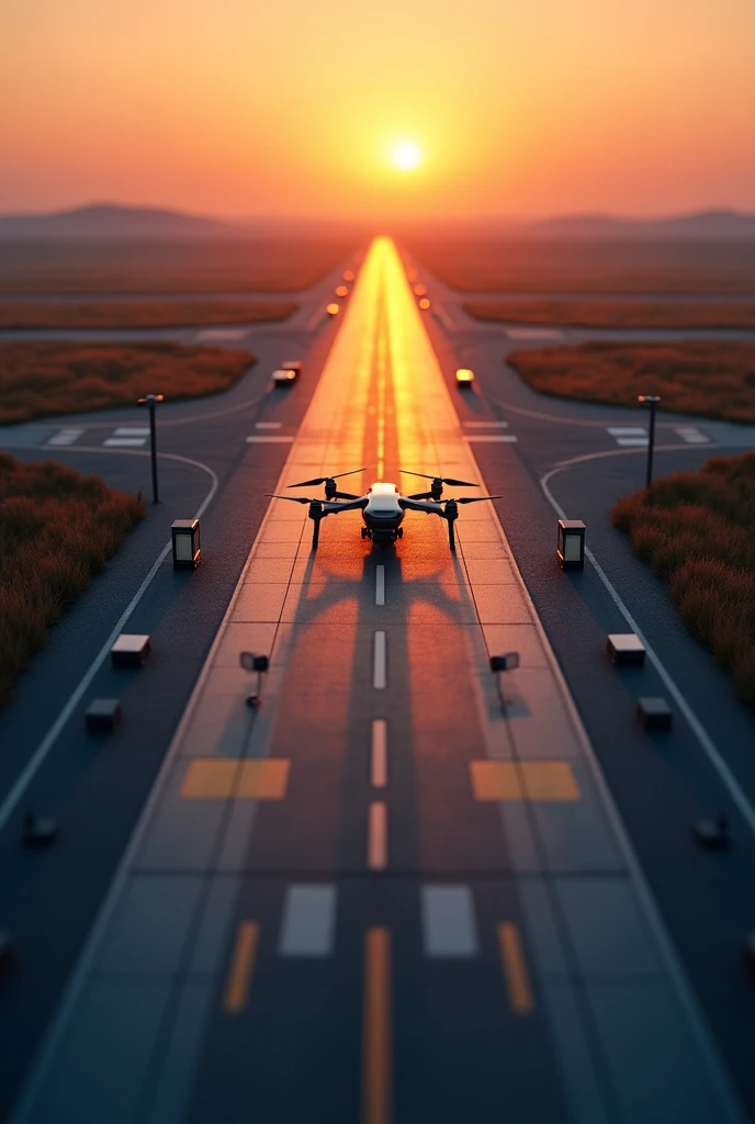 Multiple Sensor alongside the full airport Runway small in size sunset top drone view automated water sprayinh