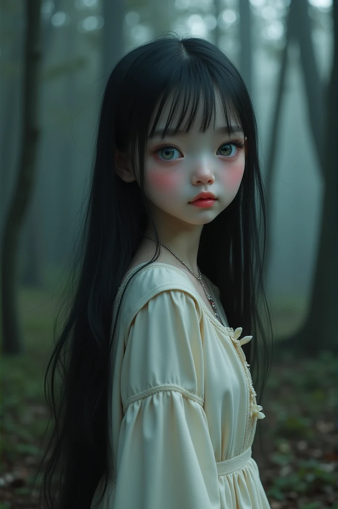 A young girl with white skin, long black hair without bangs, grayish green eyes with beautiful eyelashes, slightly pink lips and cheeks, her face seems surprised as she looks over her shoulder, she wears a white novice dress, with cream-colored details, and a silver necklace with a small cross on her neck, behind her there is a dimly lit forest.