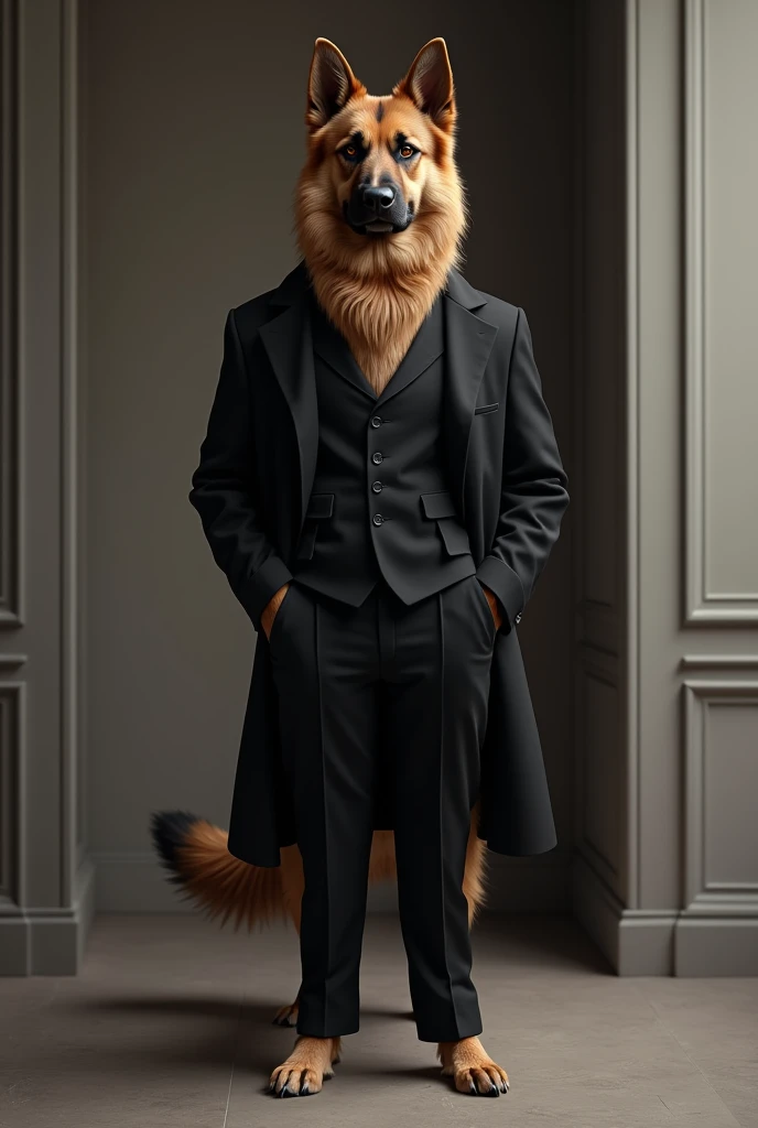 A Jerman shepherd dog is wearing a coat pant woth black coat and walj