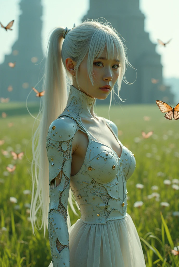Create images of sexy women with realistic cyborg faces and bodies。A Japanese idol girl wearing a butterfly-like plug suit、Detailed skin、Actual item、grassland、photograph、Butterfly Wings、Ancient Technology、Model pose、cyber punk