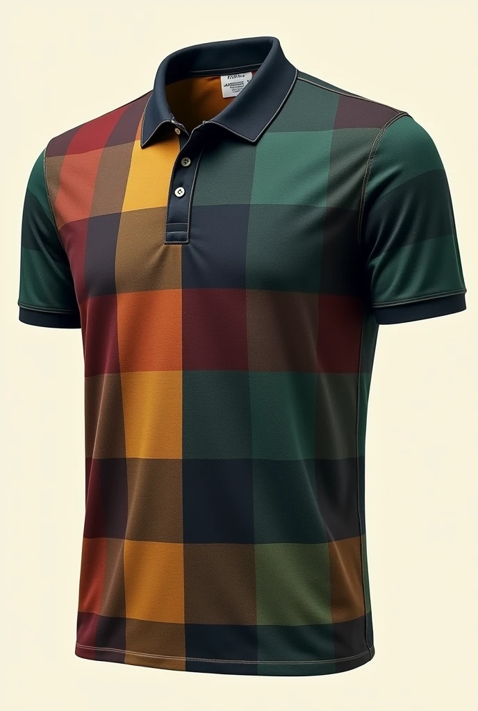 Create an illustration of vintage style pique cotton textured polo tshirt, Overlapping stripes of various colors creating a grid pattern, often in tartan or classic styles,Herringbone Check