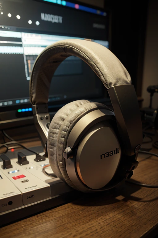 Music headphones in a recording studio