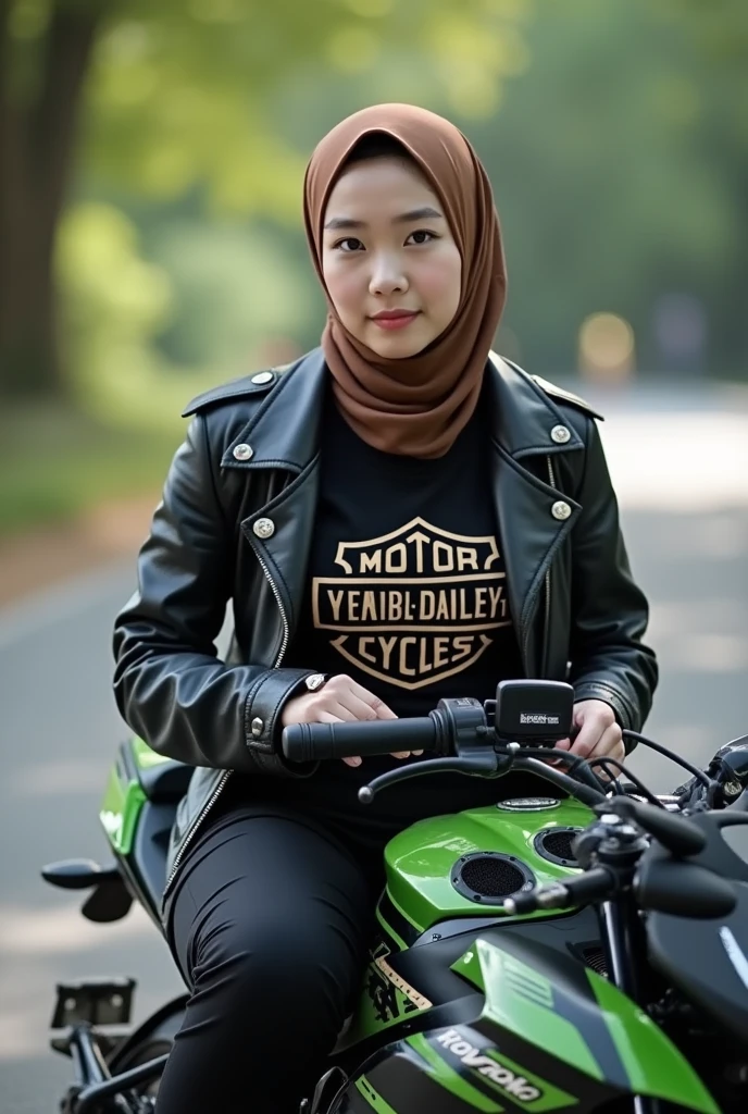 A beautiful Korean girl, smooth white skin, well-groomed face, brown hijab.cropped leather jacket,black harley logo t-shirt, black cropped pants with lots of pockets,sitting in full body pose, on the Kawasaki Ninja ZX-25R motorbike in highlighter color,riding the Kawasaki Ninja ZX-25R  .smiled faintly, black cool watch, shoe,Background, bokeh, Realistic original photo. 