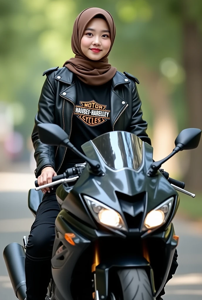 A beautiful Korean girl, smooth white skin, well-groomed face, wearing a black hijab.cropped leather jacket,Harley logo white t-shirt, black cropped pants with lots of pockets,sitting posing, on a red Kawasaki Ninja ZX-25R motorbike,riding the Kawasaki Ninja ZX-25R .smiled faintly, black cool watch, shoe. shoe boots harley davidson,Background, bokeh, full body original photo, realistic.