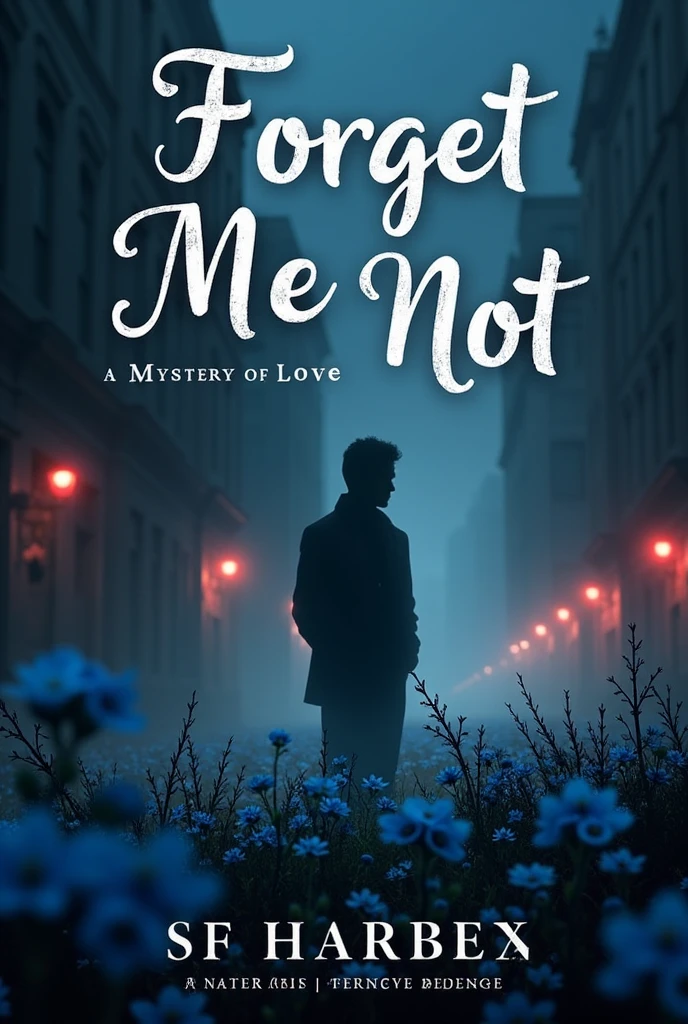 Background: A dimly lit cityscape with hints of fog, evoking a sense of mystery and danger. The city lights should be somewhat blurred, creating an atmosphere of suspense.Color Palette: Dark, moody colors like deep blues, grays, and black, contrasted with a touch of red to symbolize revenge and danger.
Title & Font: "Forget Me Not" in bold, dramatic font, placed at the top or center. A subtitle or tagline, such as “A Mystery of Love and Revenge,” in a smaller, more elegant font. Show some blue forget me not flowers and show a 30 years old boy's shadow in it
 Create image for the novel