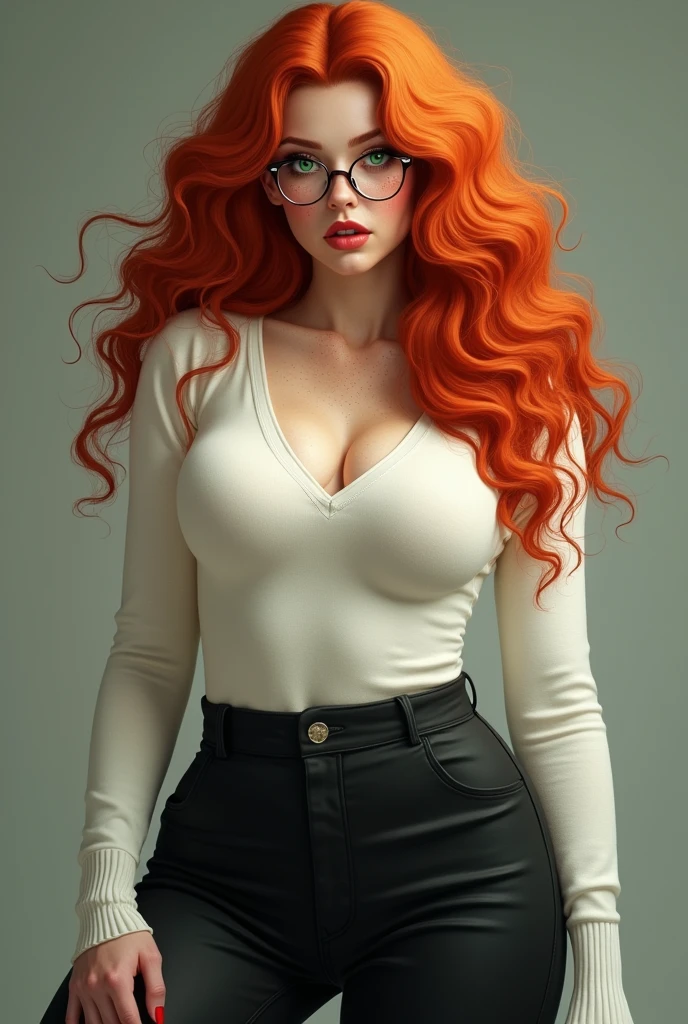 Une femme aux longs cheveux bouclés roux orangés, yeux verts, peau pâle, et beaucoup de taches de rousseur, seins massifs, cuisses épaisses, un cul dodu et parfaitement rond, et une taille fine. porter un pull blanc moulant, Pantalon noir moulant, et des lunettes