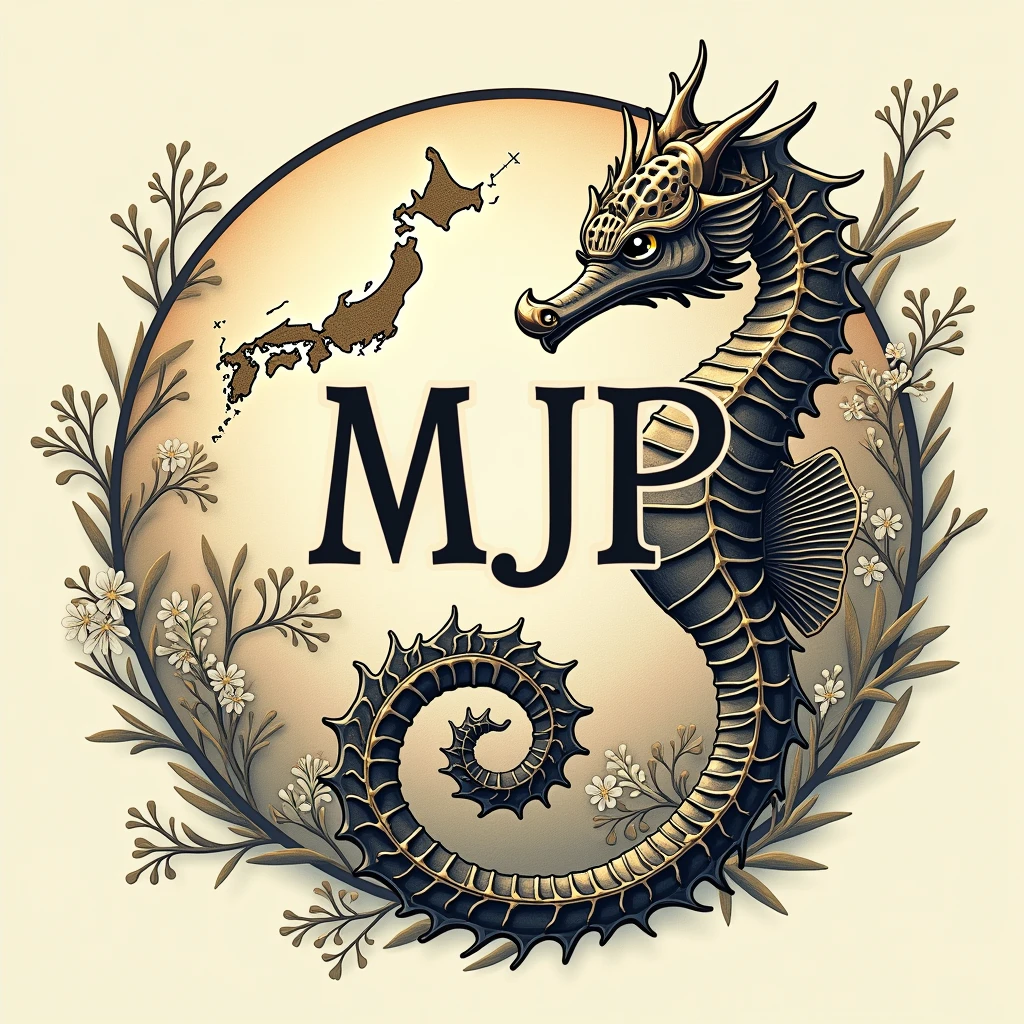 A logo design was created with the letters MJP in the center.. Seahorse design on the outer periphery. Japanese style、high quality, A luxurious image. In the center is a map of JAPAN、There are maps of MARASHIMA hidden all around..
Cropped background
